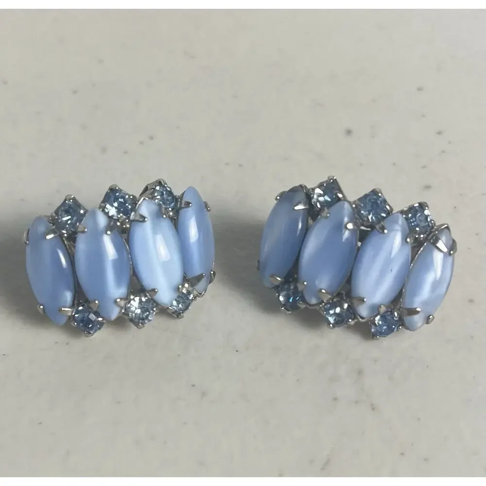 Blue Moonstone Art Glass Rhinestone Clip On Earrings 50s 60s Vintage MCM Mod